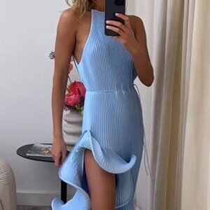 Ruffle Hem Ribbed Sleeveless Dress | New Formal Midi Dress w/ Halter Neck